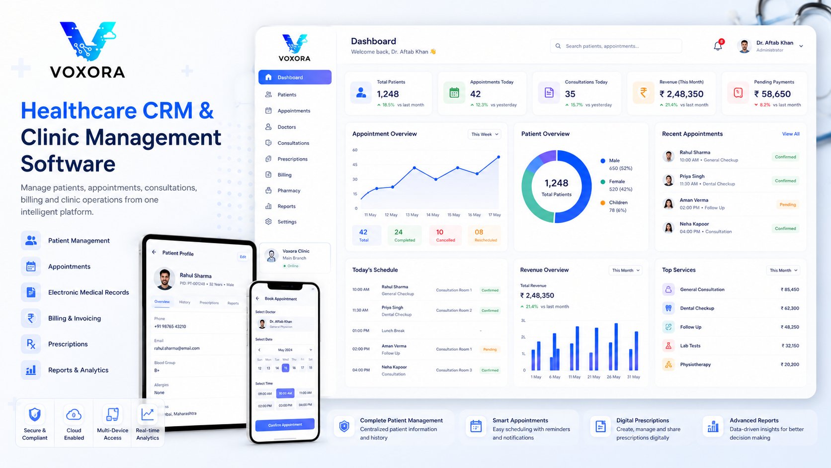 Healthcare CRM dashboard showing patient management, appointment scheduling, medical records and clinic analytics.