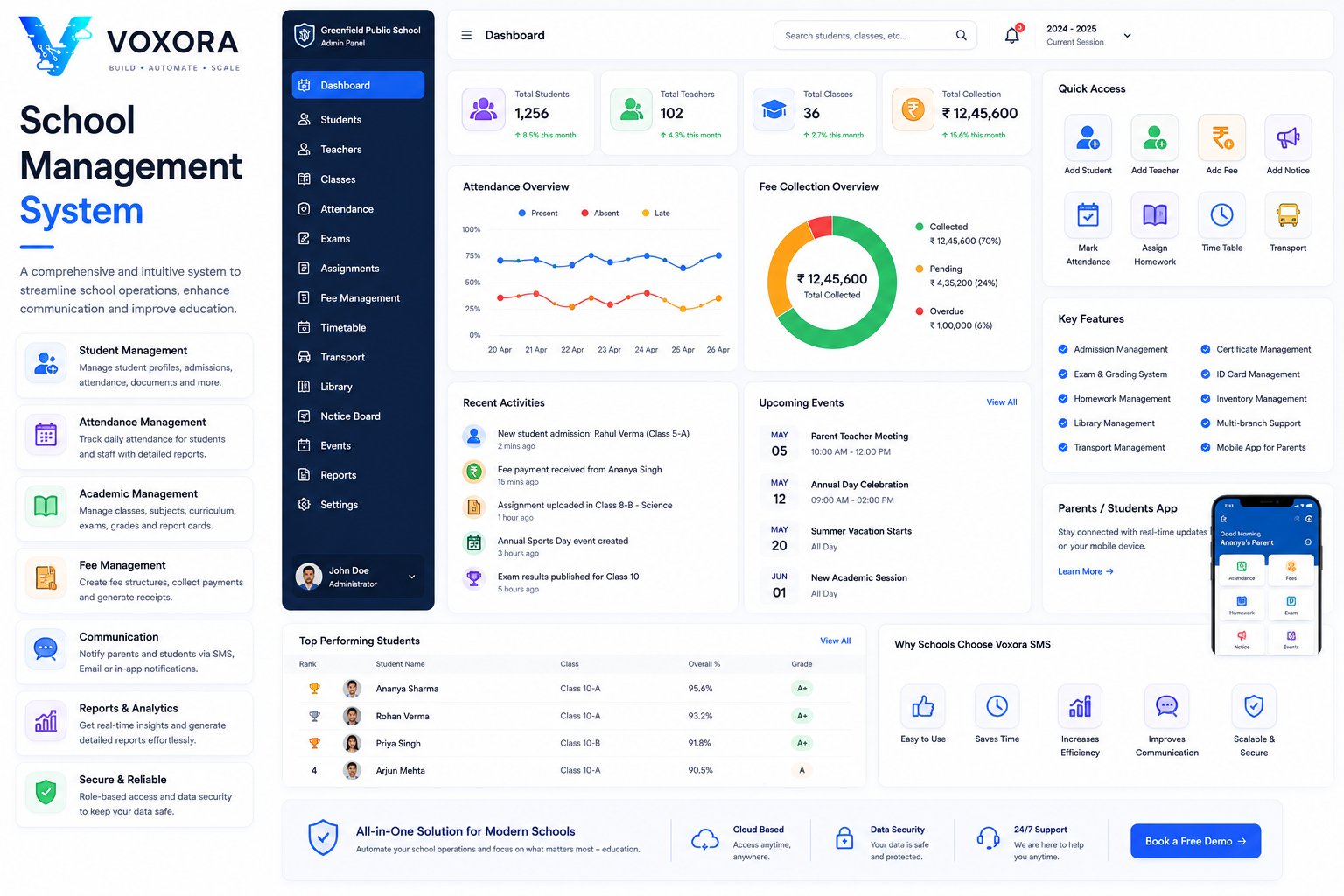 School ERP dashboard showing student management, attendance, examinations, fee collection and parent communication.